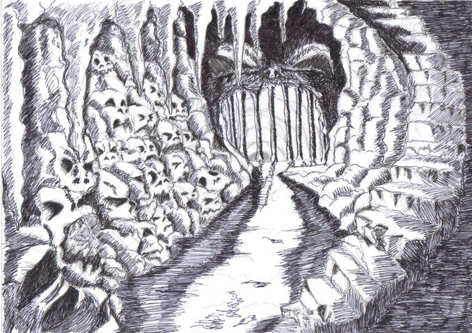 Tintas tradicionales. Boceto de escenario de un libro, proyecto personal. Año 2010.